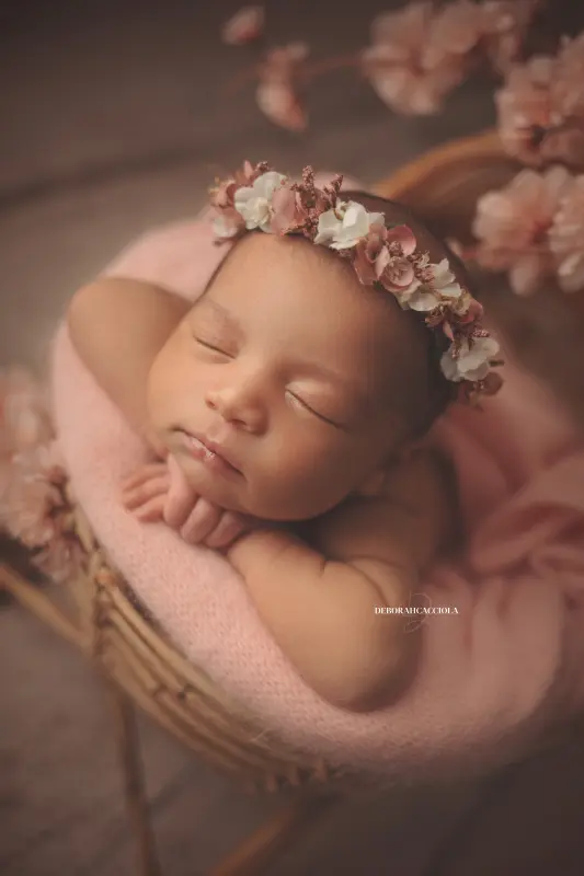 newborn photo studio Orléans, France: newborn in studio, soft vertical framing, soft colors