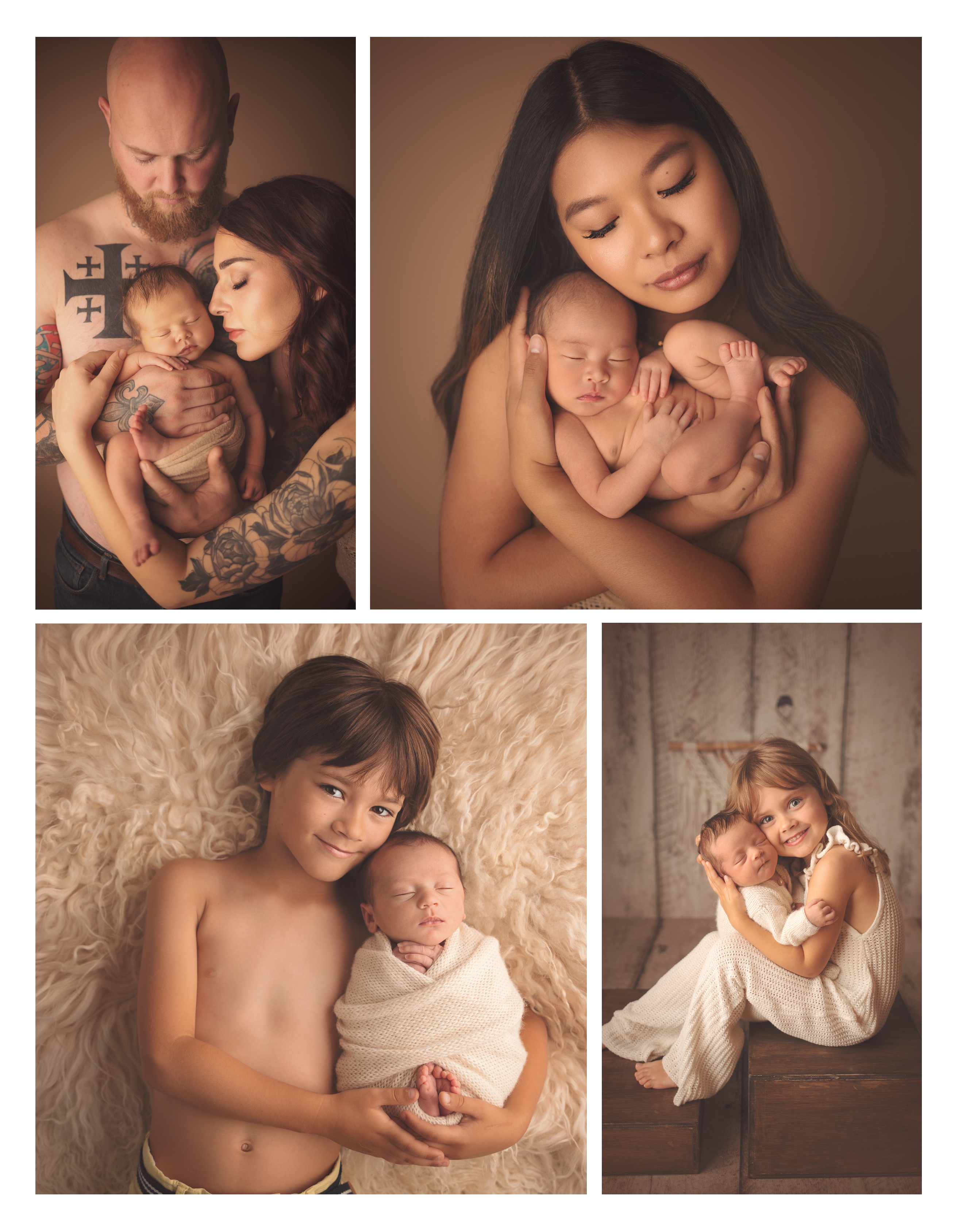 Photo de famille avec bébé pendant une séance naissance en studio