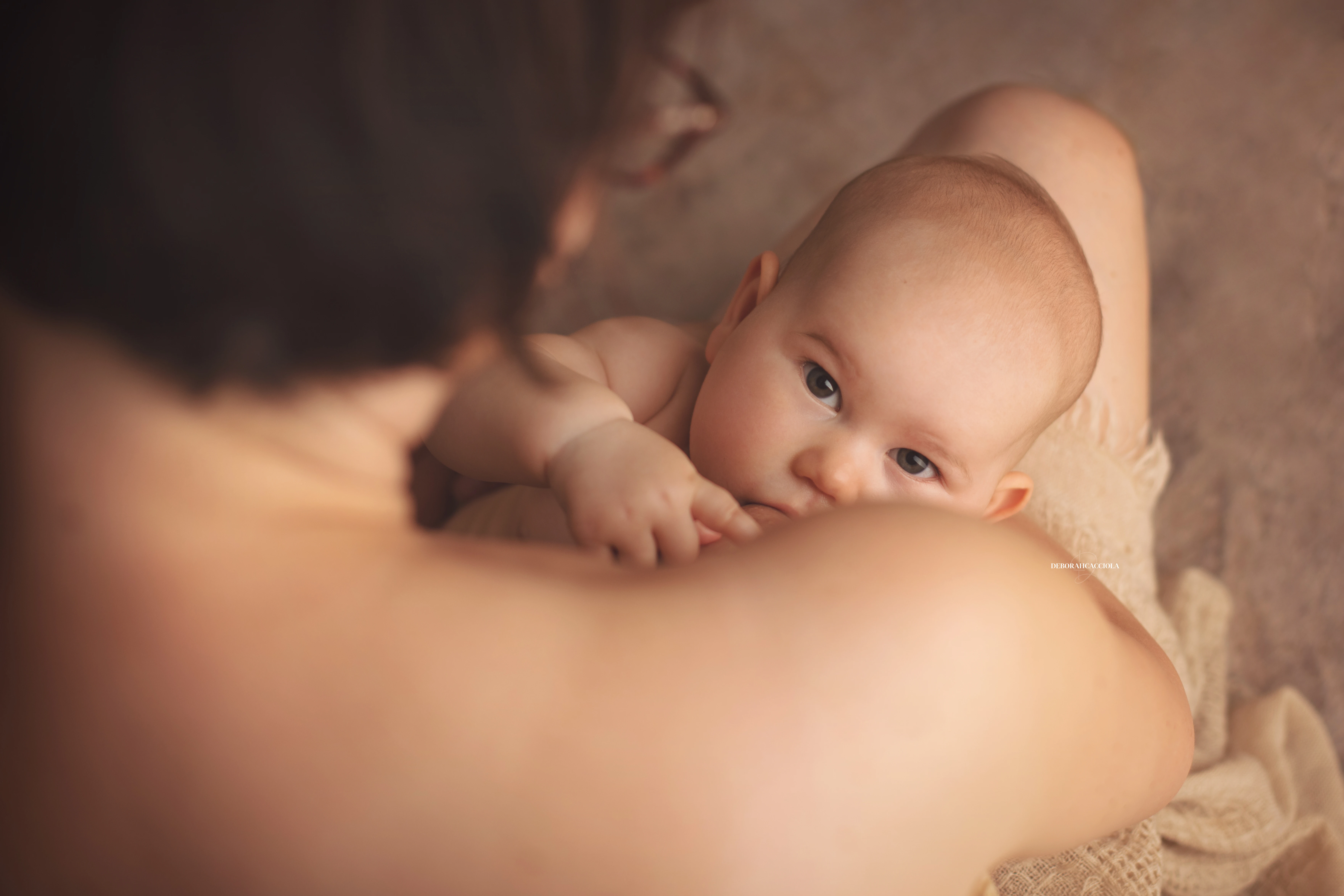 Photo bébé studio Orléans : instant doux avec bébé, cadrage horizontal équilibré, tonalités naturelles