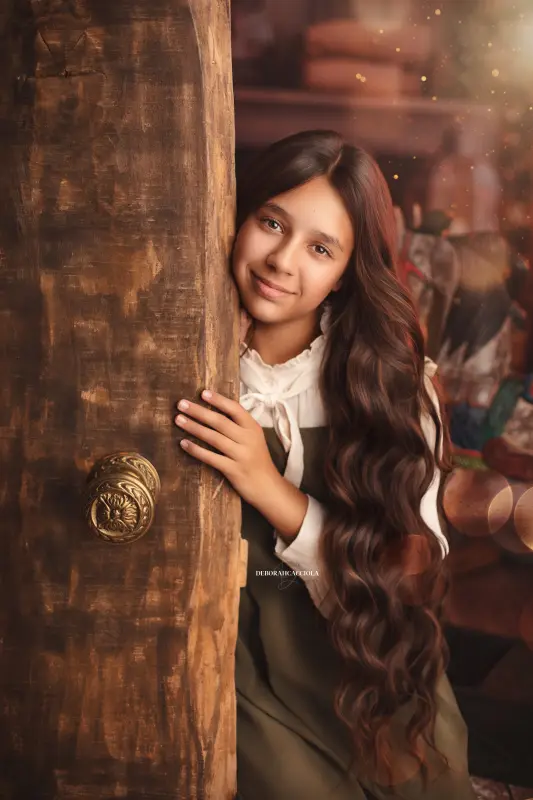 Séance Noël en studio à Orléans : portrait en décor de Noël, cadrage vertical doux, couleurs douces