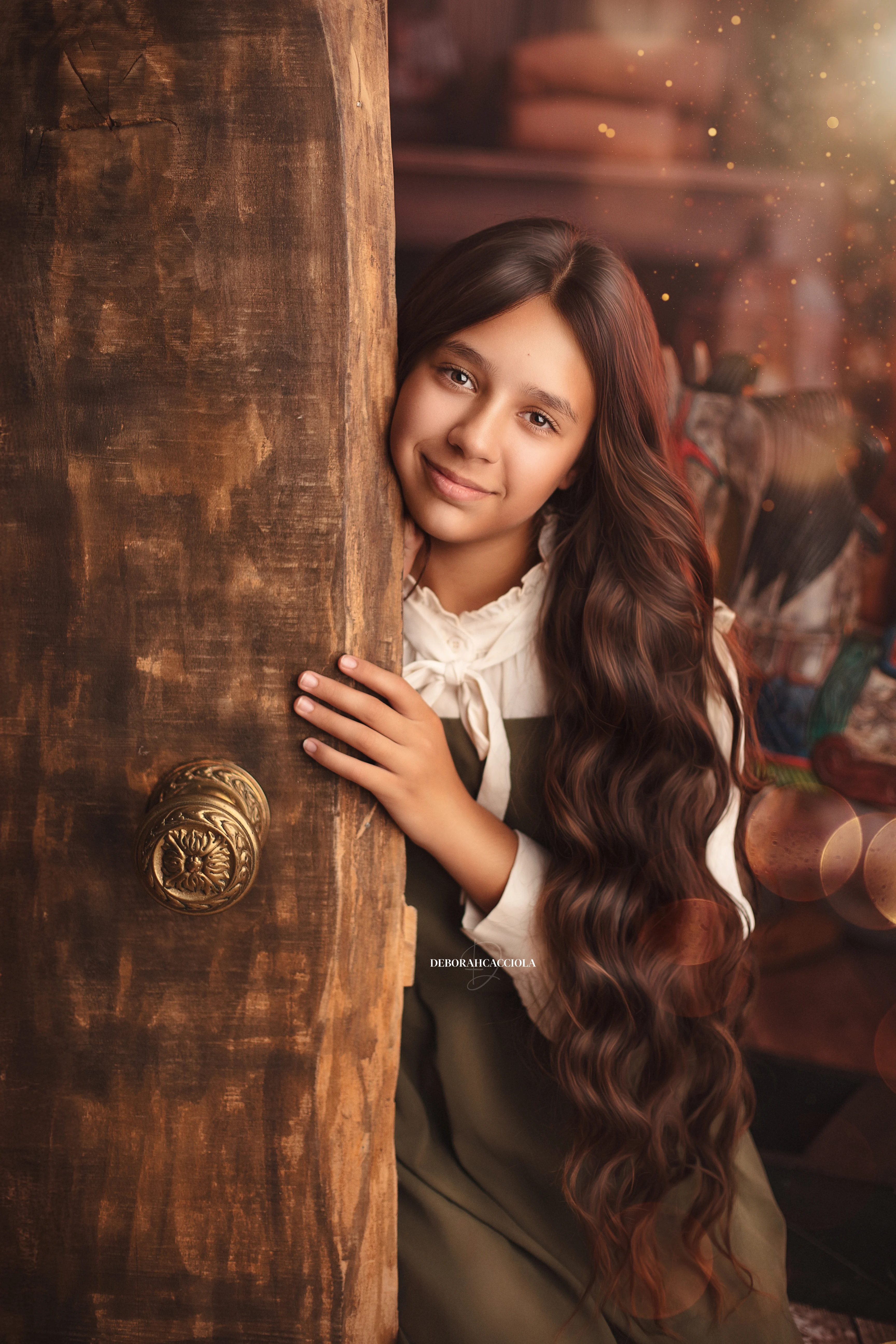 Séance Noël en studio à Orléans : portrait en décor de Noël, cadrage vertical doux, couleurs douces