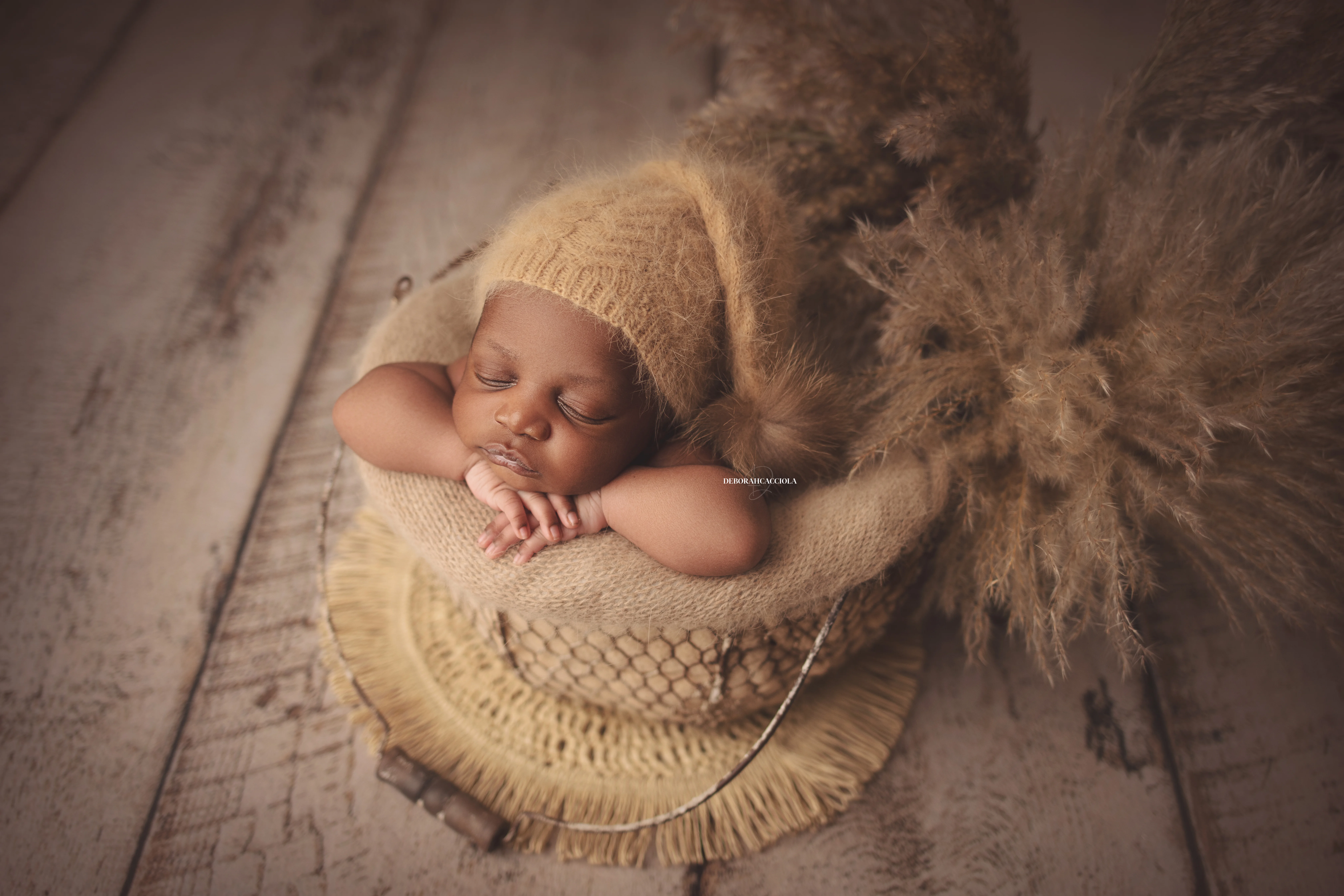 Séance bébé en studio à Orléans : nouveau-né en studio, scène panoramique douce, couleurs équilibrées