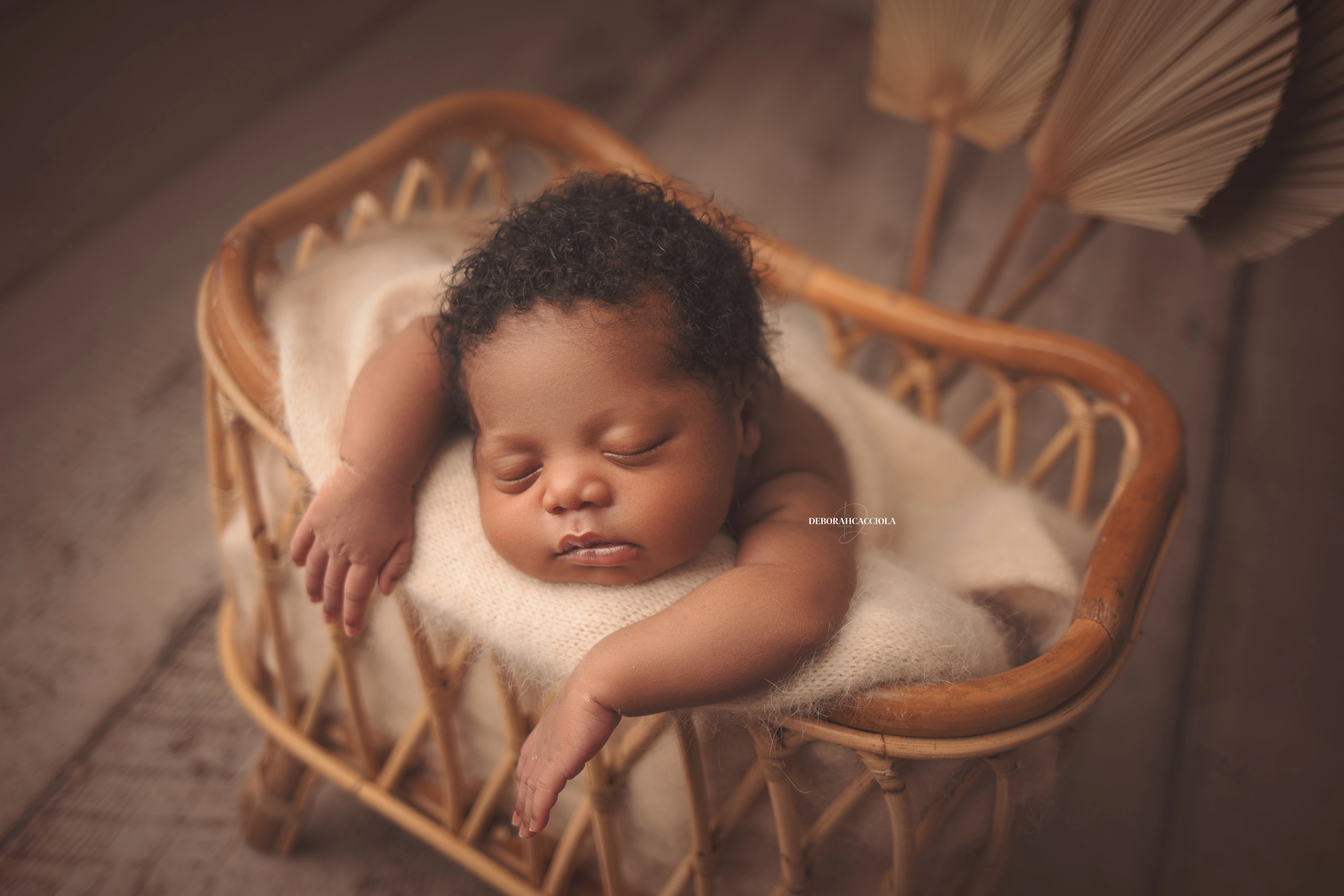Photo nouveau-né studio Orléans : portrait délicat de bébé, cadrage horizontal équilibré, palette claire