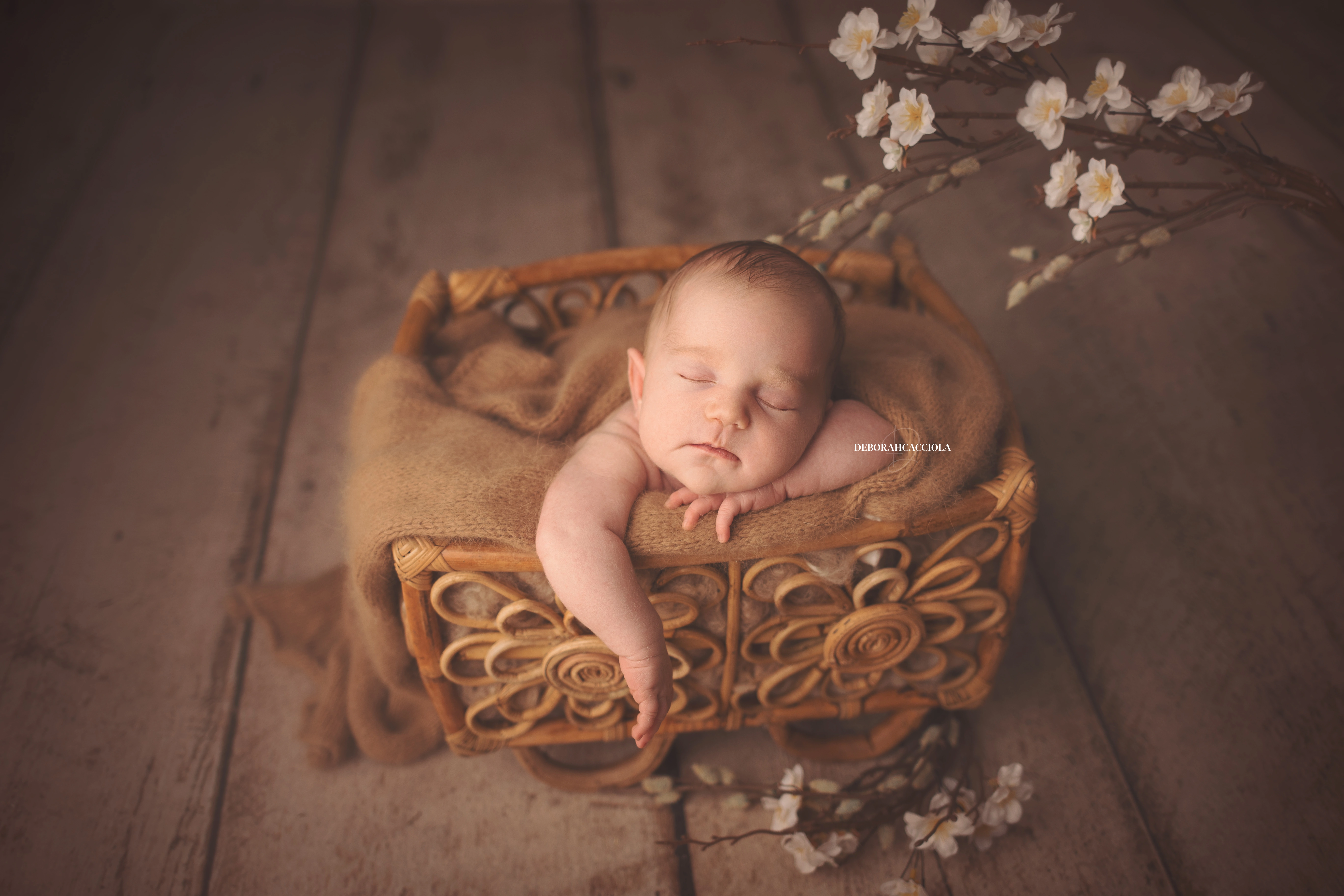 Photo nouveau-né studio Orléans : nouveau-né en studio, scène panoramique douce, couleurs douces