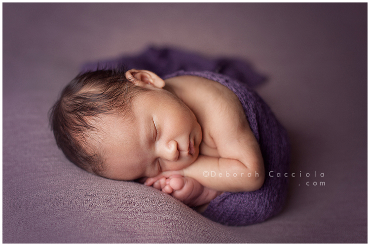 Photo Nouveau né Bébé Endormi En Boule Dans Un Textile Violet