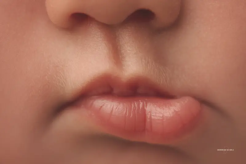 Photo nouveau-né studio Orléans : portrait délicat de bébé, cadrage horizontal équilibré, tonalités naturelles