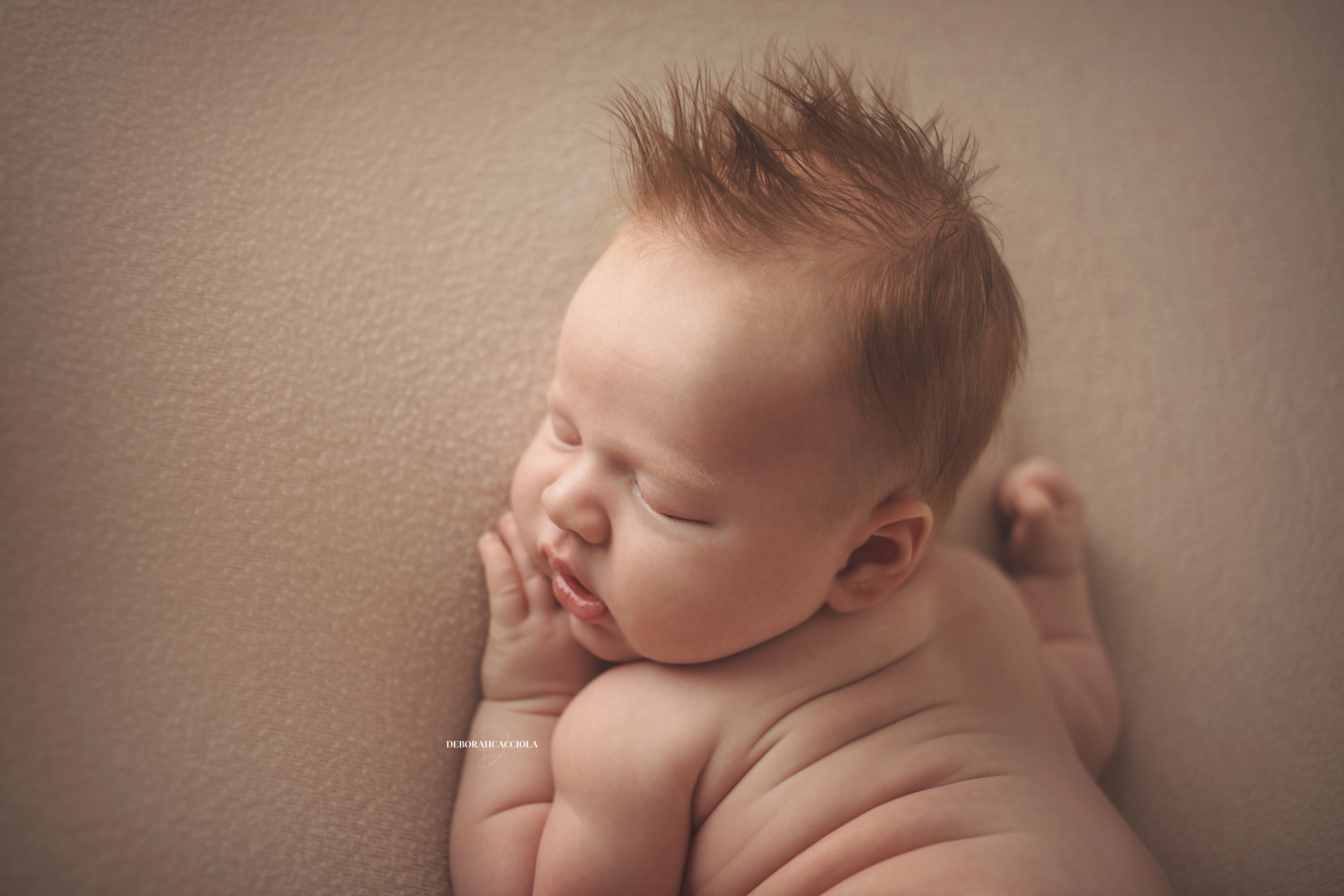 Portrait nouveau-né à Orléans : bébé dans ses premiers jours, composition large et naturelle, couleurs douces